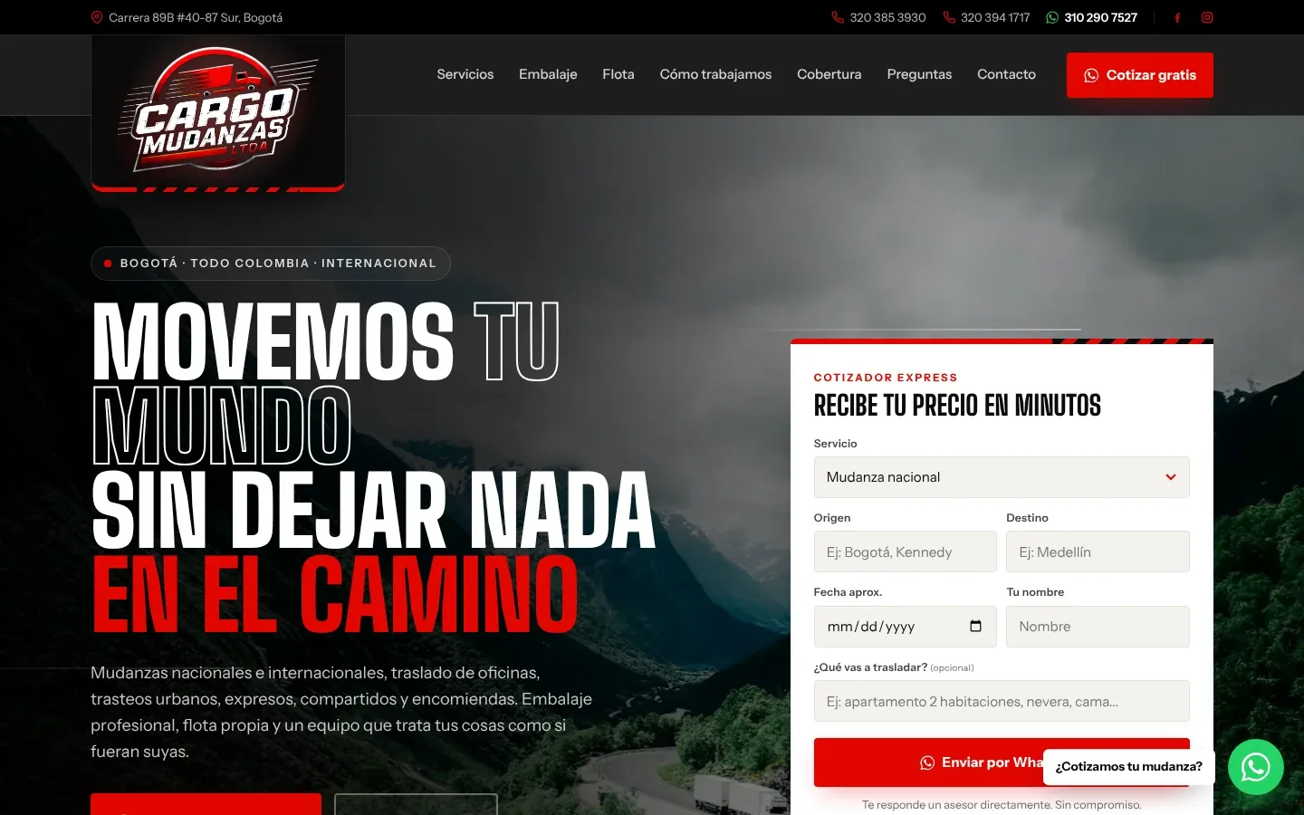 Página web de Cargo Mudanzas en computador