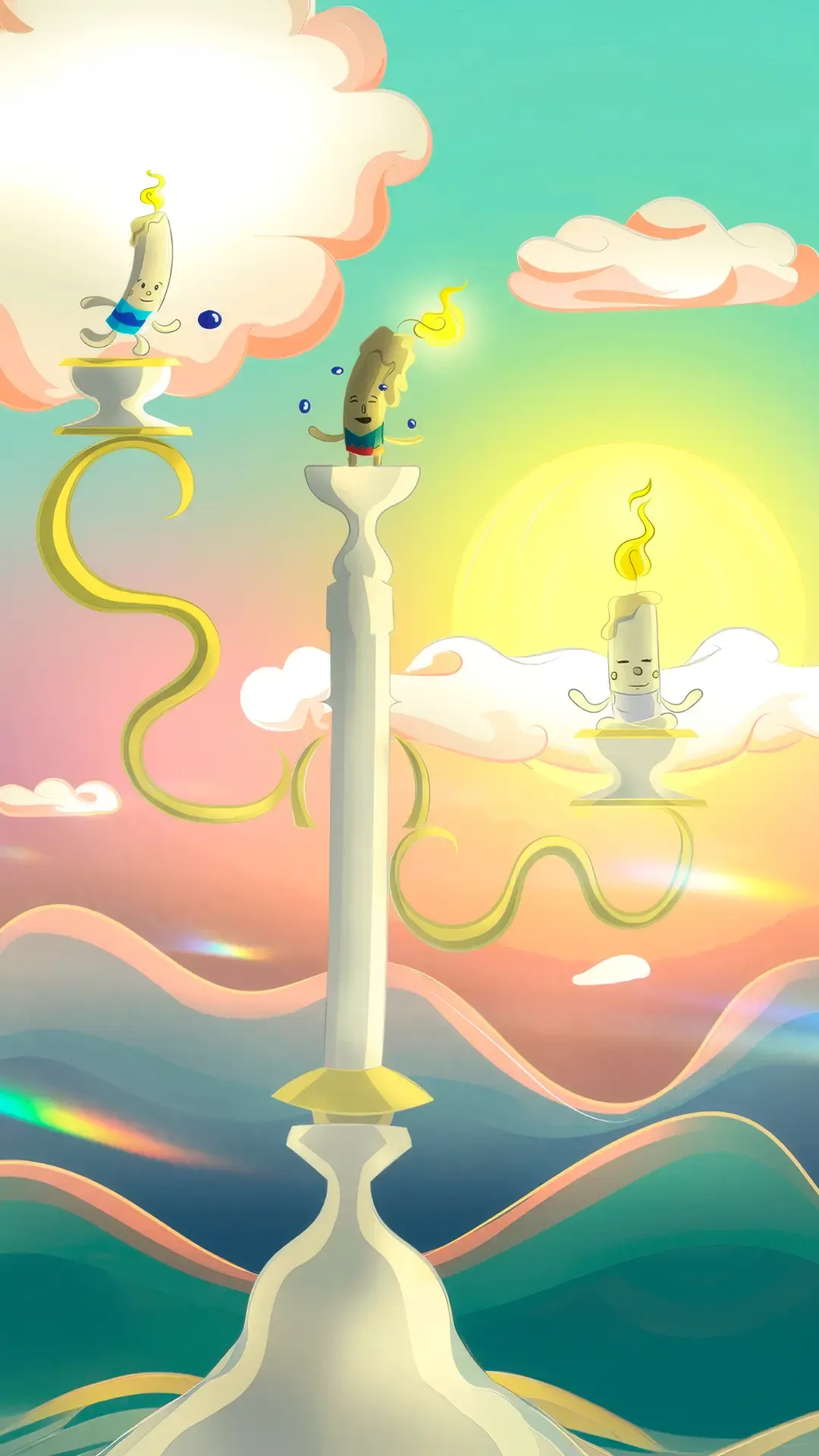 Ilustración surrealista con nubes y velas