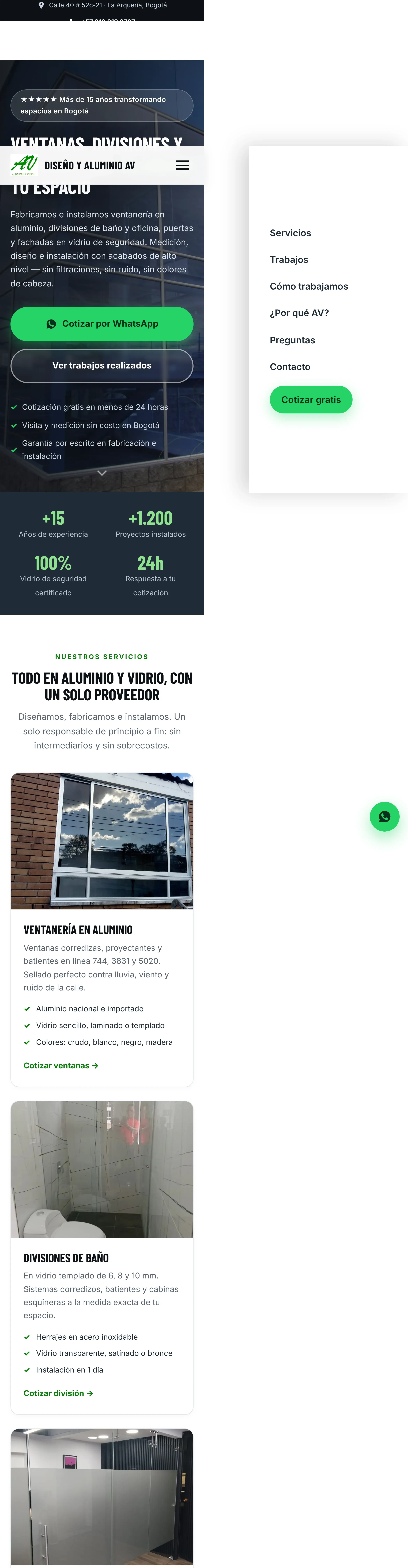 Página completa de Diseño y Aluminio AV en celular