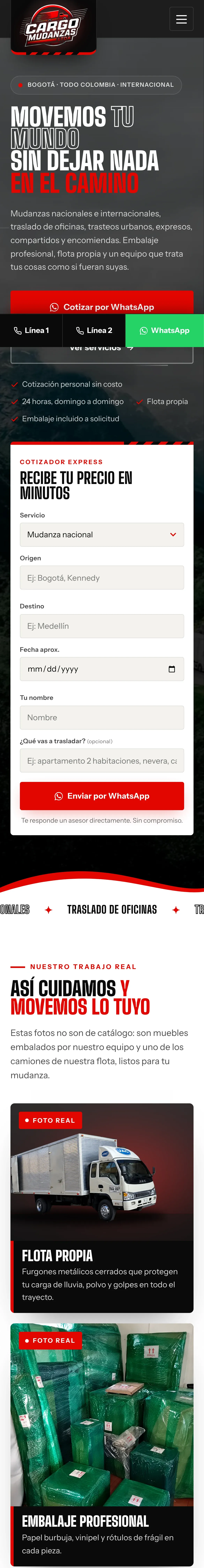 Página completa de Cargo Mudanzas en celular
