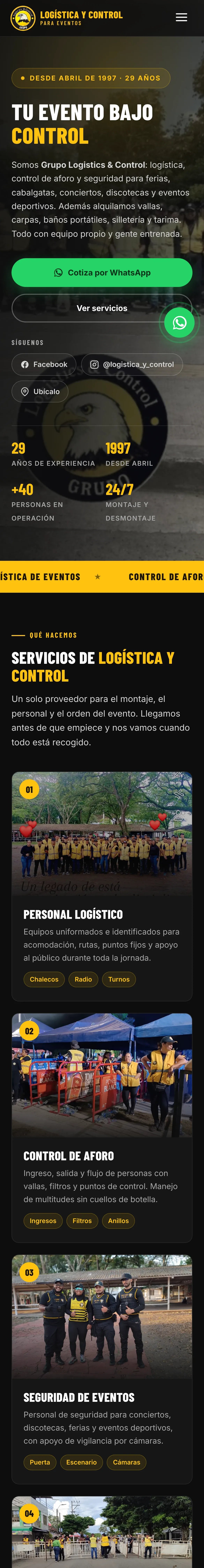 Página completa de Logística y Control en celular