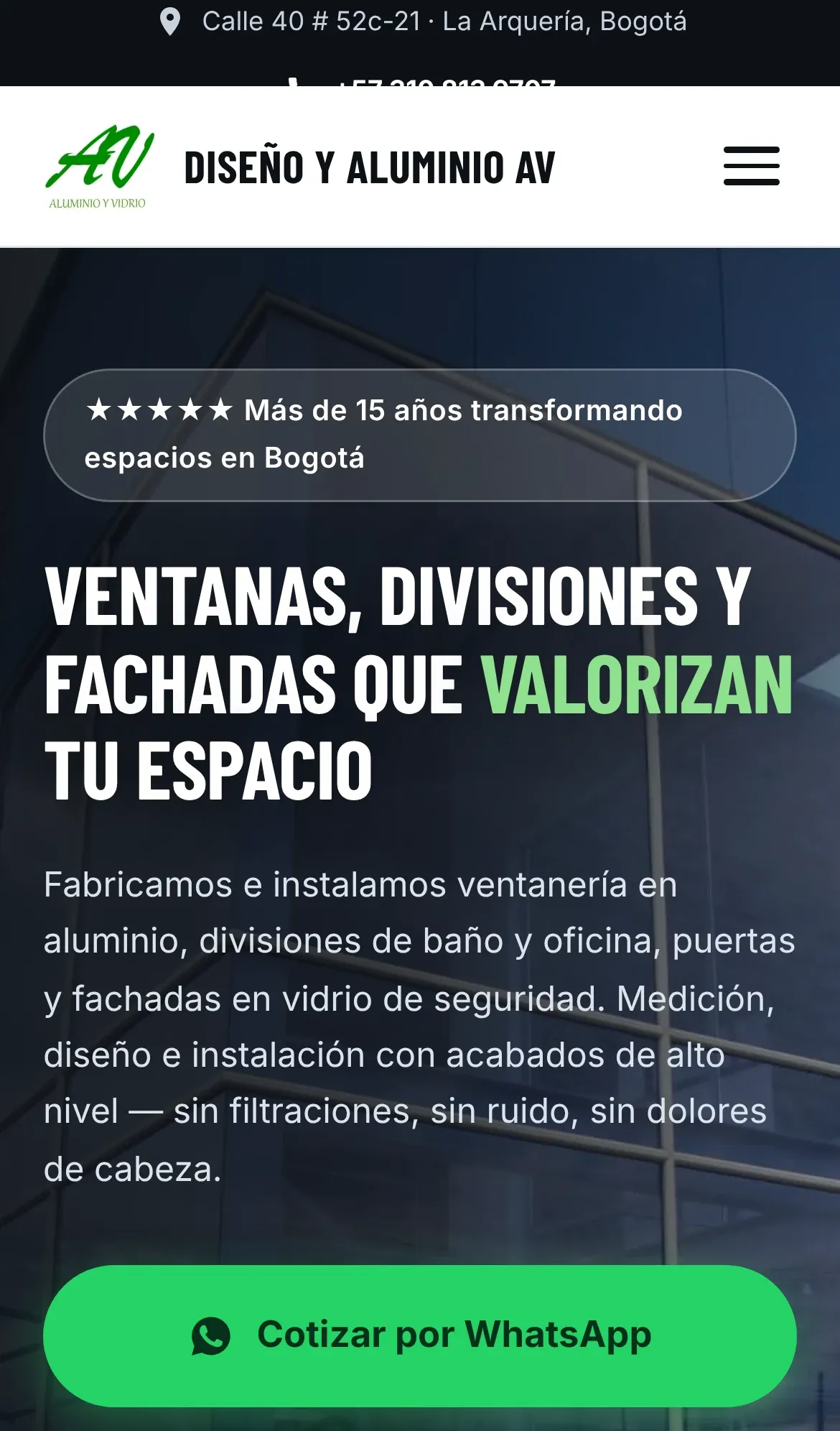 Página web de Diseño y Aluminio AV en celular
