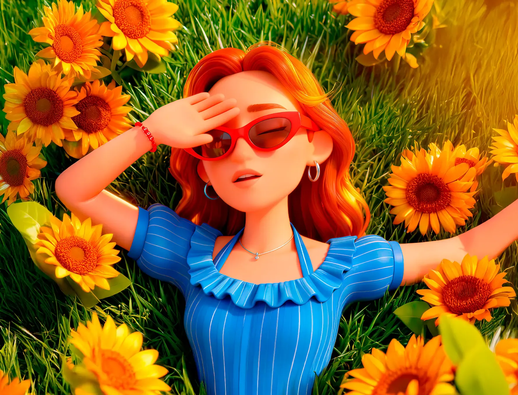 Ilustración 3D entre girasoles